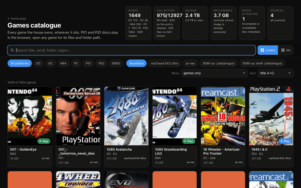 HomeLab Games searchable catalogue with platform filters and game covers