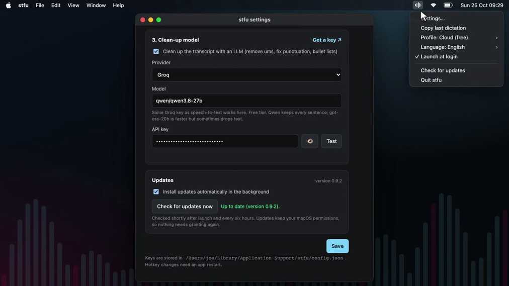 The menu bar menu: settings, copy last dictation, profile, language, launch at login and check for updates.