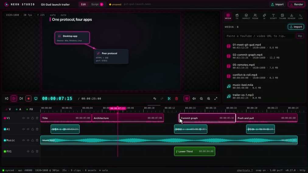 The editor with the Git Gud launch trailer open: preview, media library and a timeline of video, voice-over, music and FX tracks.