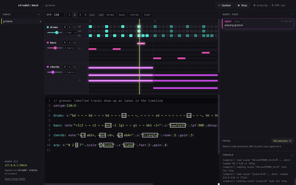 Strudel Desk playing a song with timeline lanes, live code and agent feed
