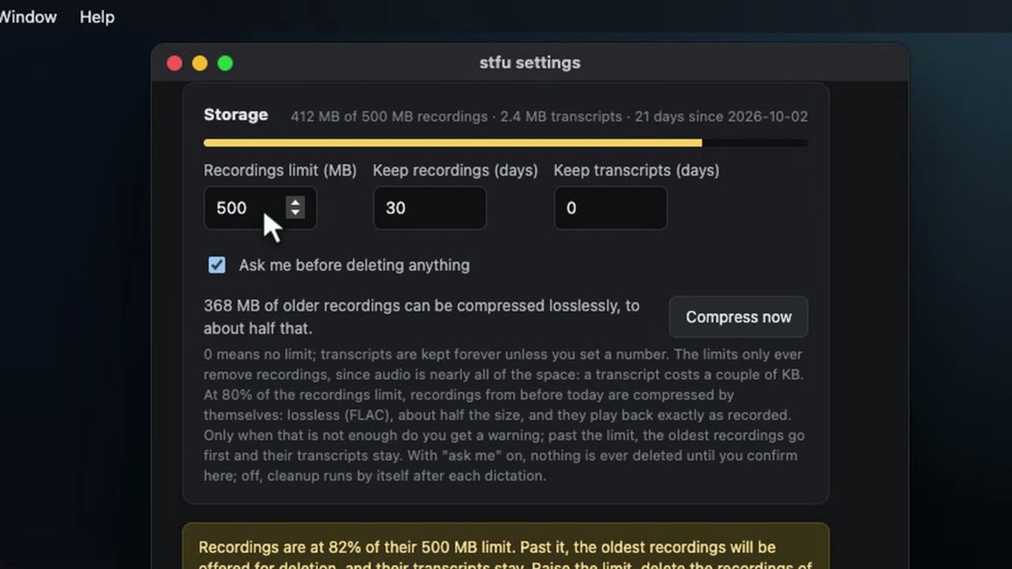 The storage settings: a recordings limit of 500 MB, a button to compress older recordings losslessly, and a warning at 82 percent of the limit.