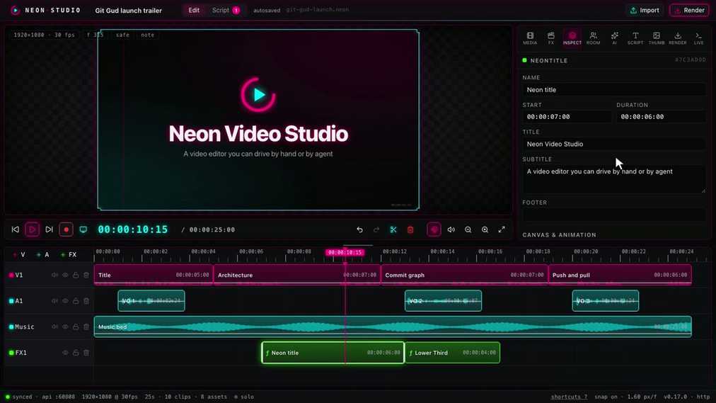 The Neon Tour pack's title placed on the timeline and edited in the inspector.