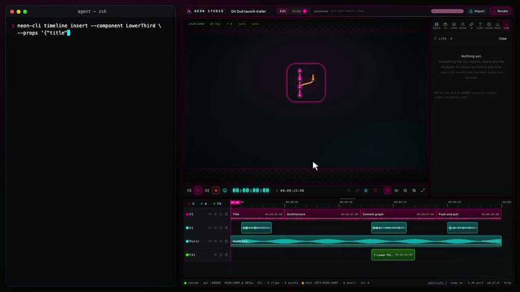 A terminal running neon-cli next to the app, with the inserted lower third on the timeline.