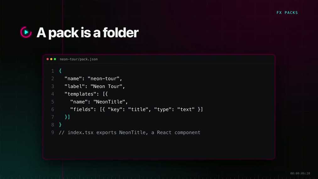 A pack.json that declares a NeonTitle template with a title field.