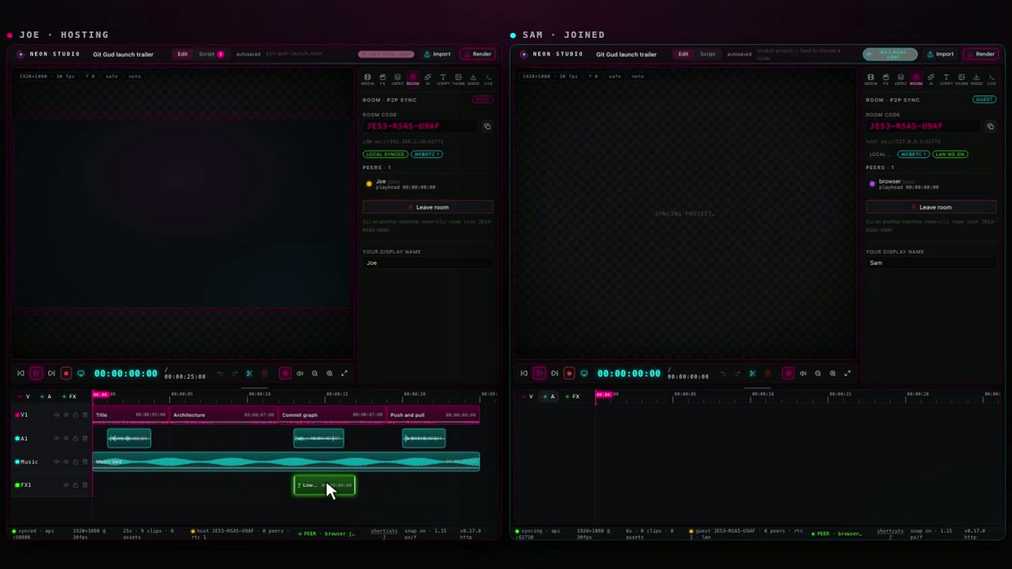 Two Neon windows in one room, one hosting and one joined, showing the same timeline.