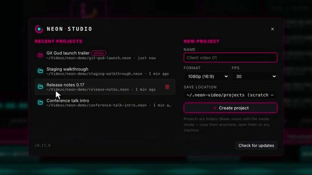The projects overview with recent projects on the left and the new project form on the right.