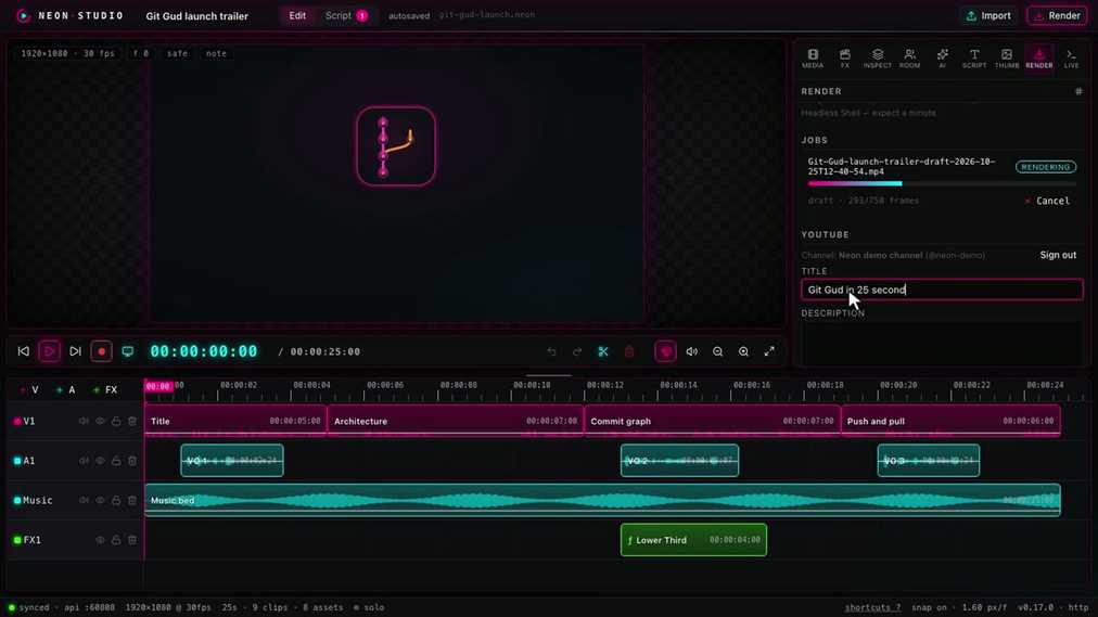 The Render panel with a render job in progress and the YouTube upload form below it.