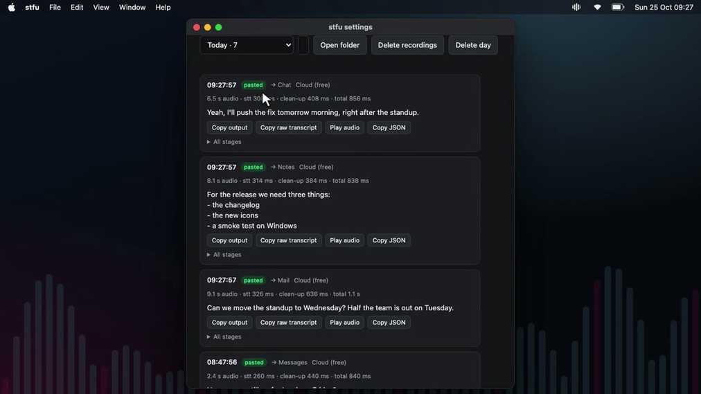 The History tab with today's dictations, each showing the app, the timings and the pasted text.