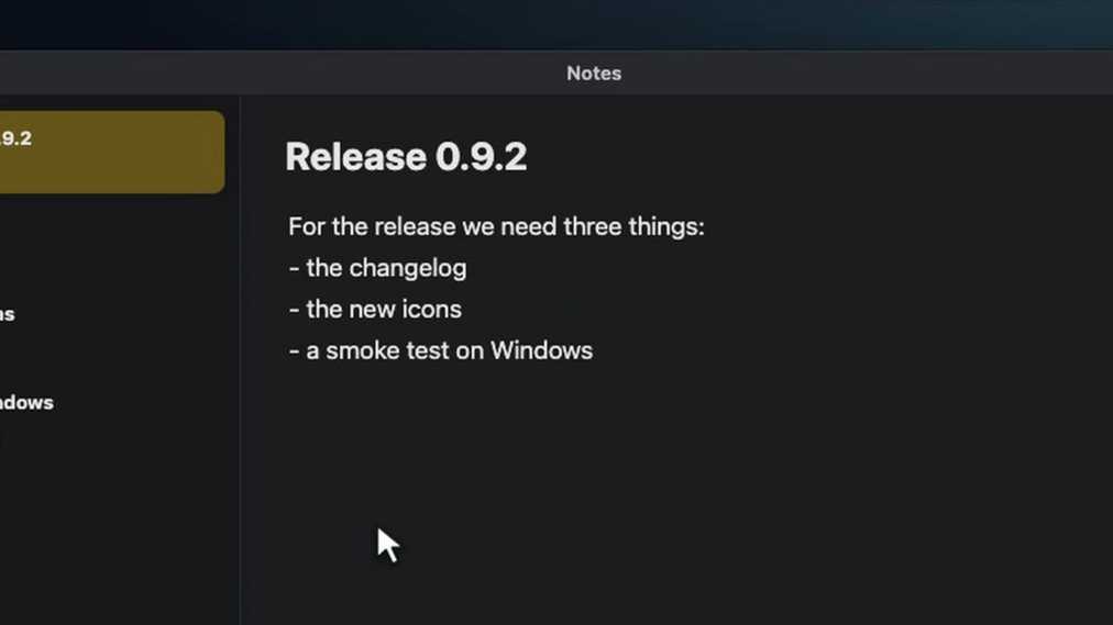 A note titled Release 0.9.2 with a dictated three-item bulleted list.